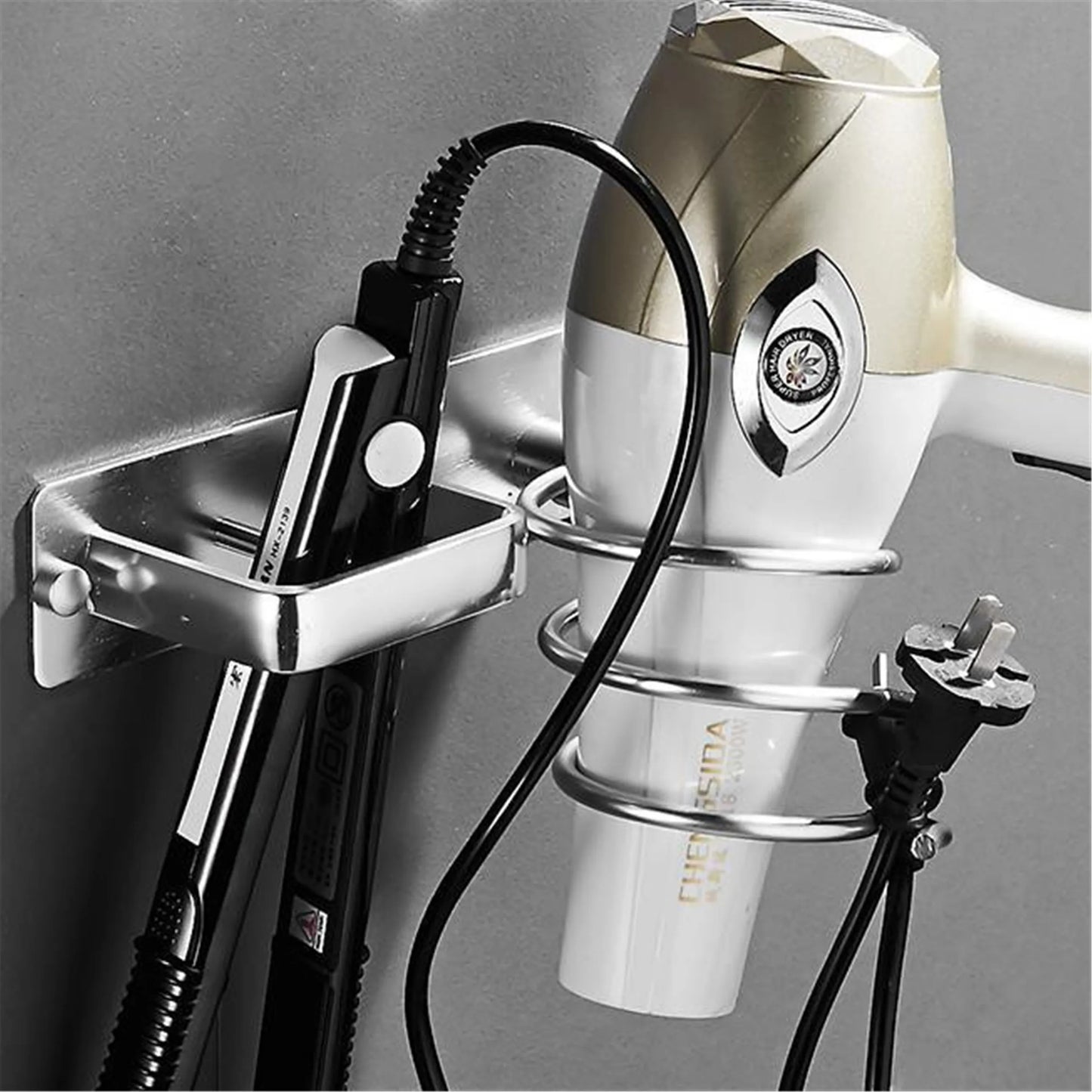 Wall-Mounted Black Hair Dryer & Straightener Holder