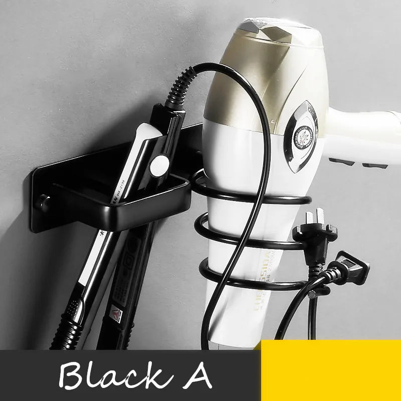 Wall-Mounted Black Hair Dryer & Straightener Holder