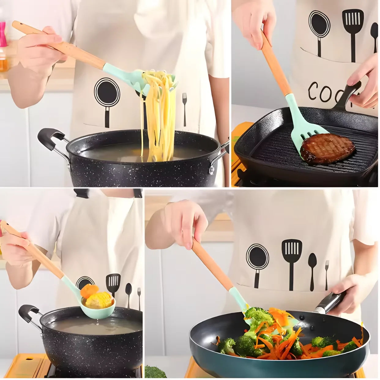 12Pcs Wooden Handle Silicone Kitchen Utensils Set