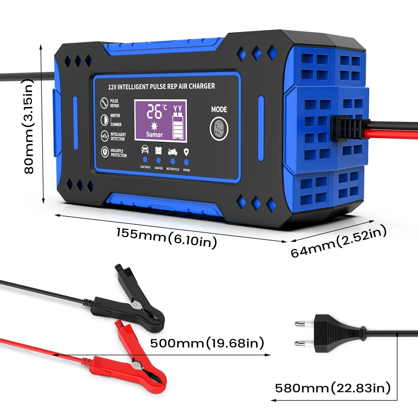 LCD Battery Charger with Repair Function for Lead-Acid Batteries