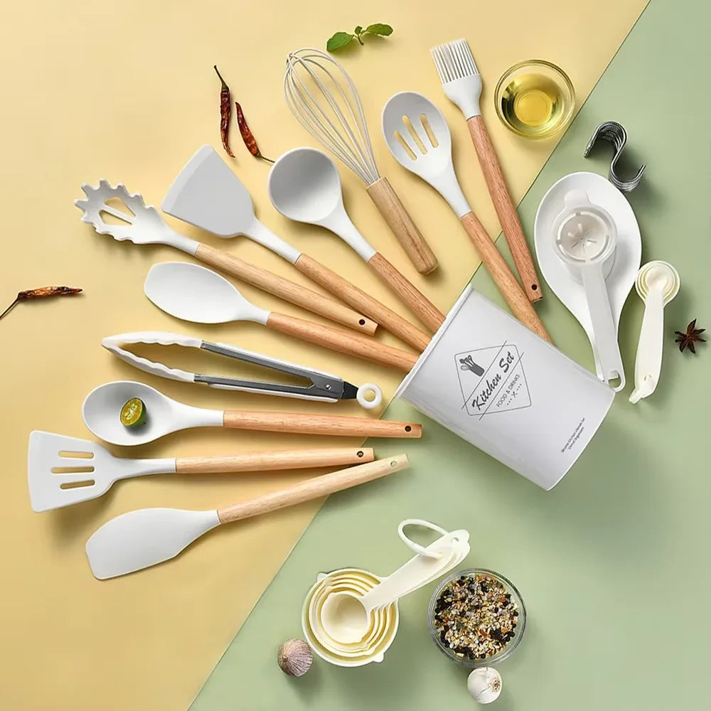12Pcs Wooden Handle Silicone Kitchen Utensils Set