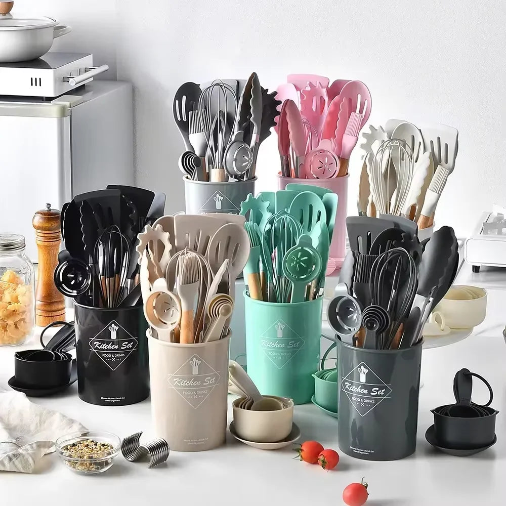 12Pcs Wooden Handle Silicone Kitchen Utensils Set