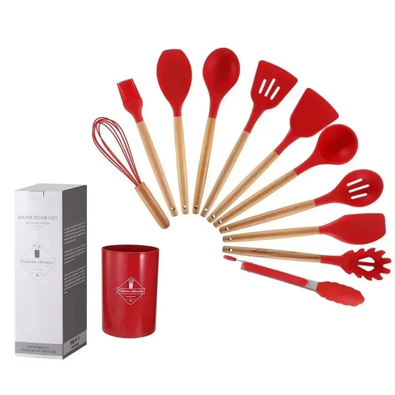 12Pcs Wooden Handle Silicone Kitchen Utensils Set