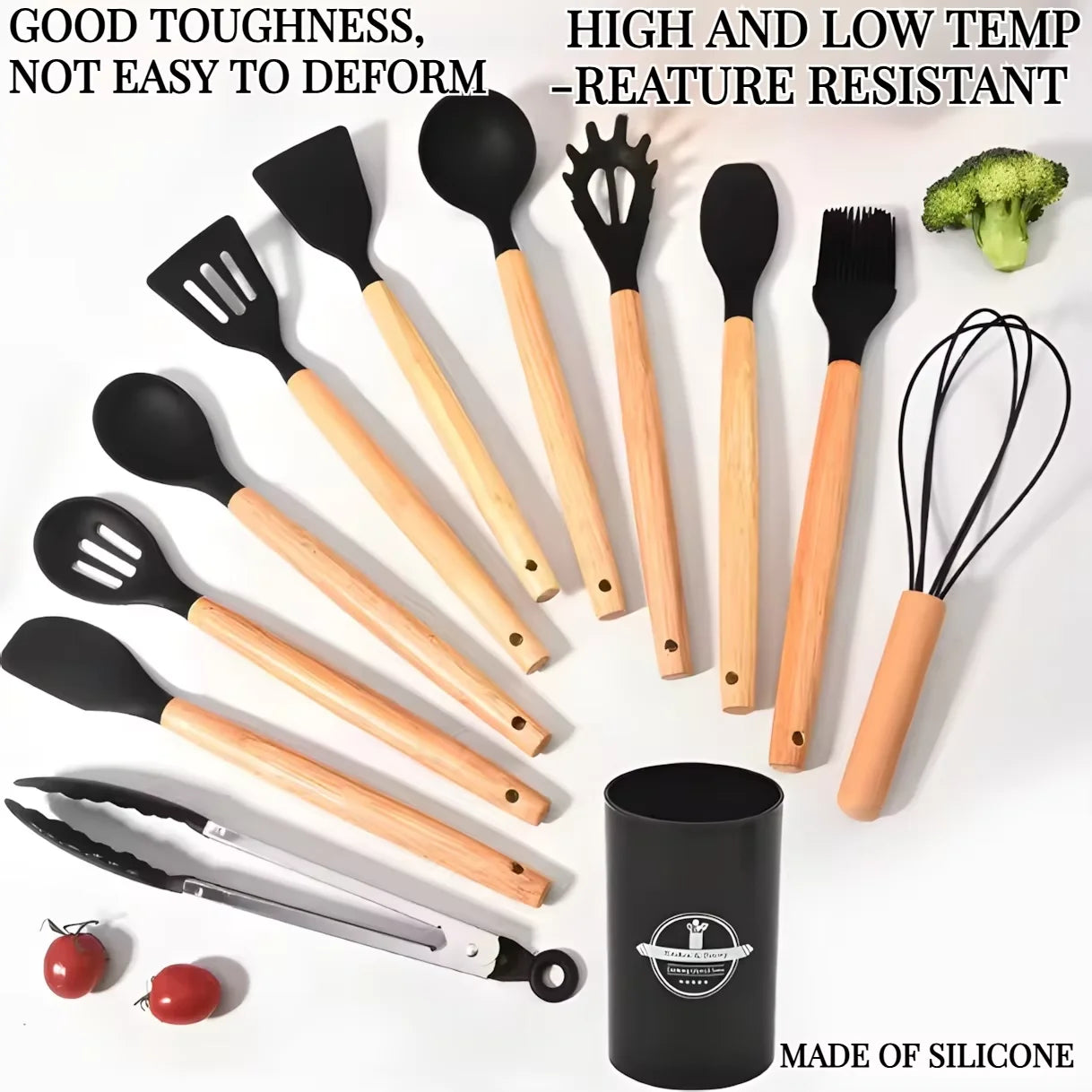 12Pcs Wooden Handle Silicone Kitchen Utensils Set
