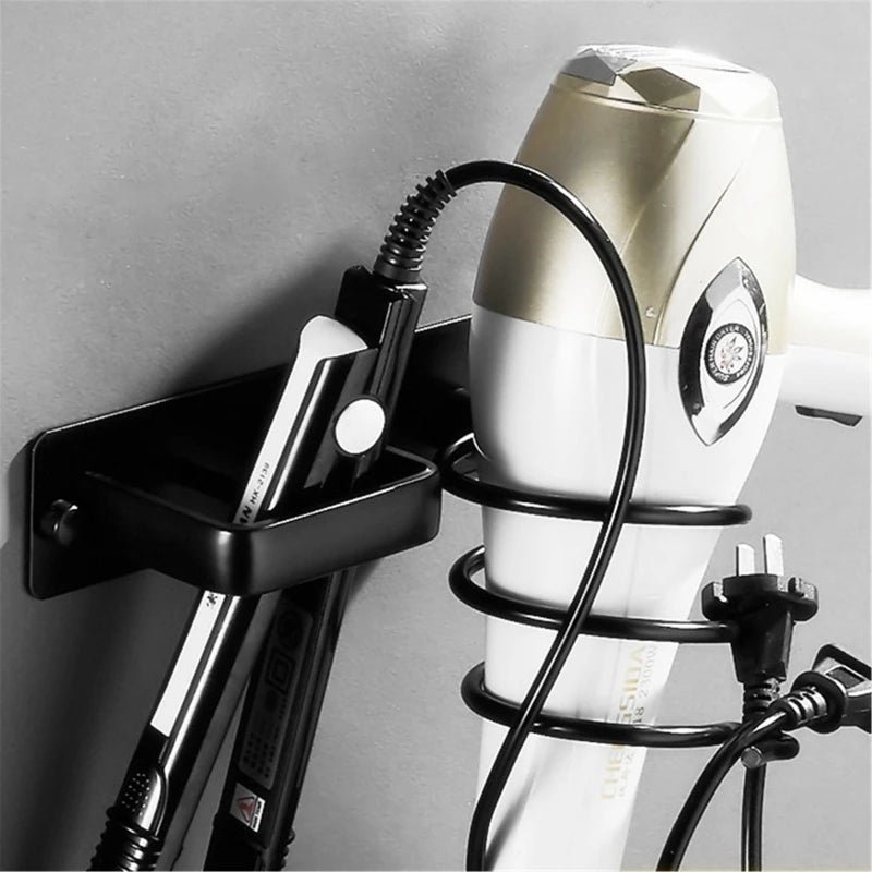 Wall-Mounted Black Hair Dryer & Straightener Holder