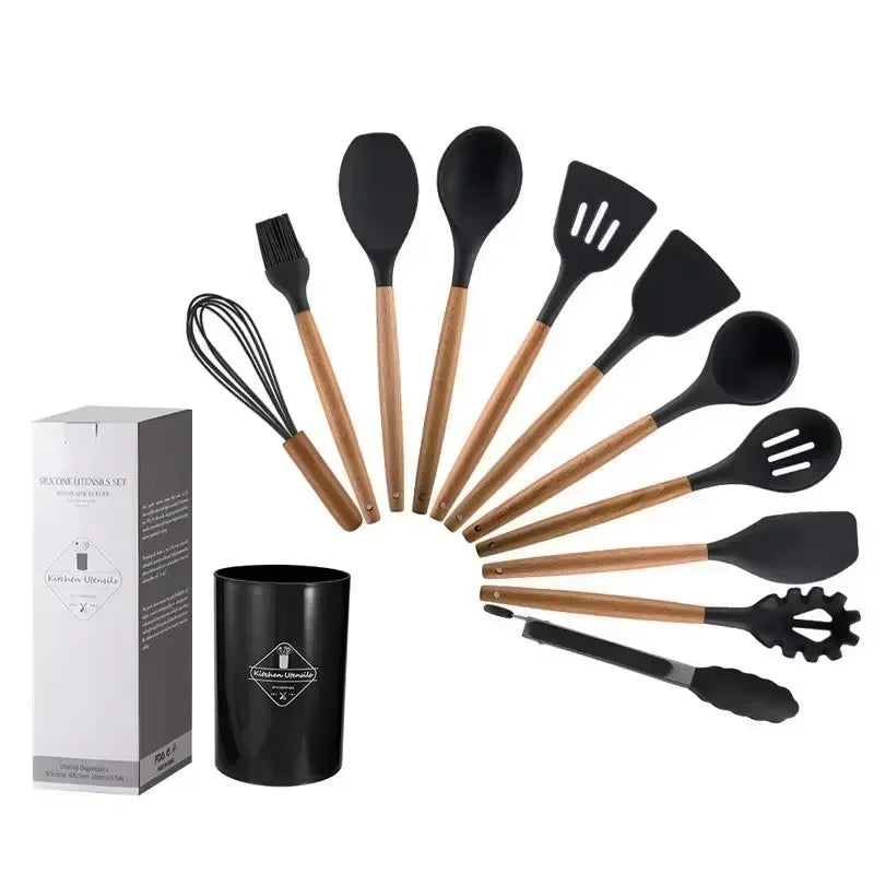 12Pcs Wooden Handle Silicone Kitchen Utensils Set