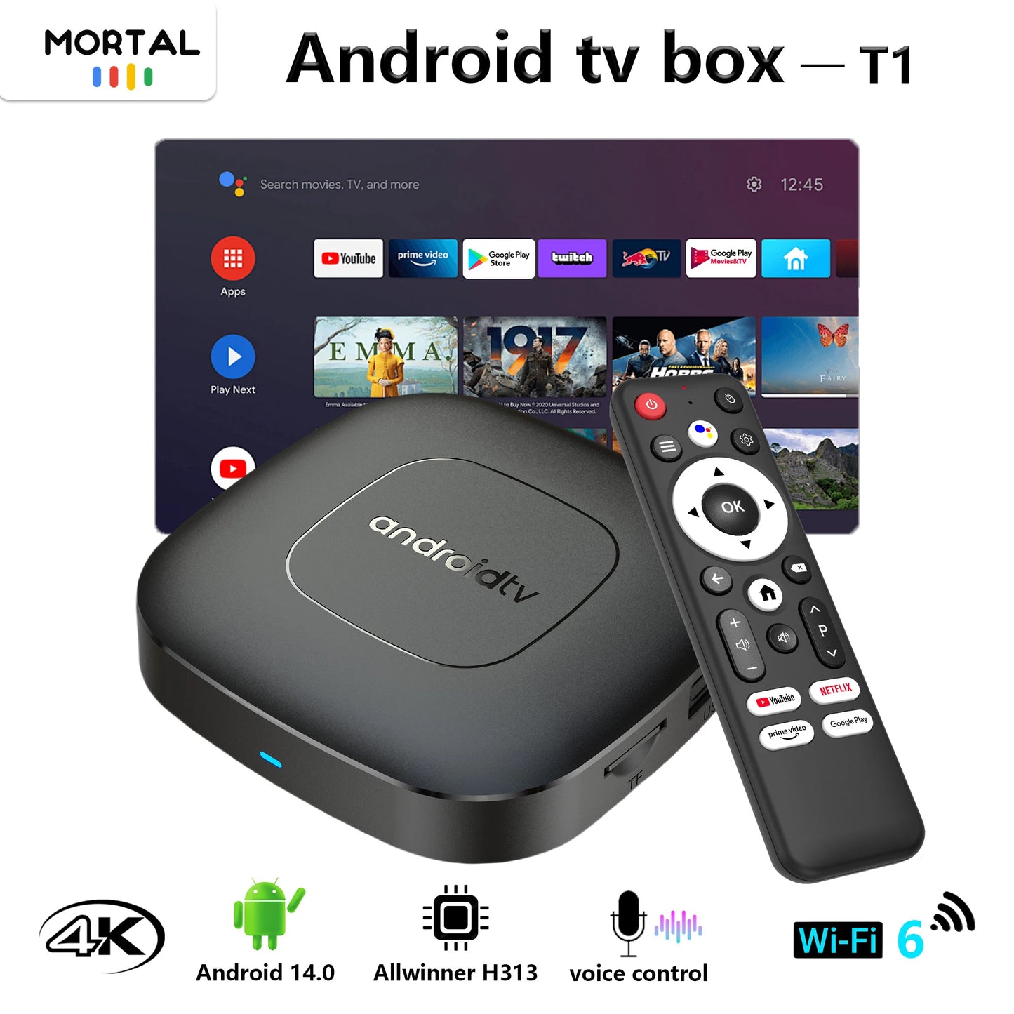 Mortal T1 WiFi 6 Smart TV Box Android 14 – 4K Support