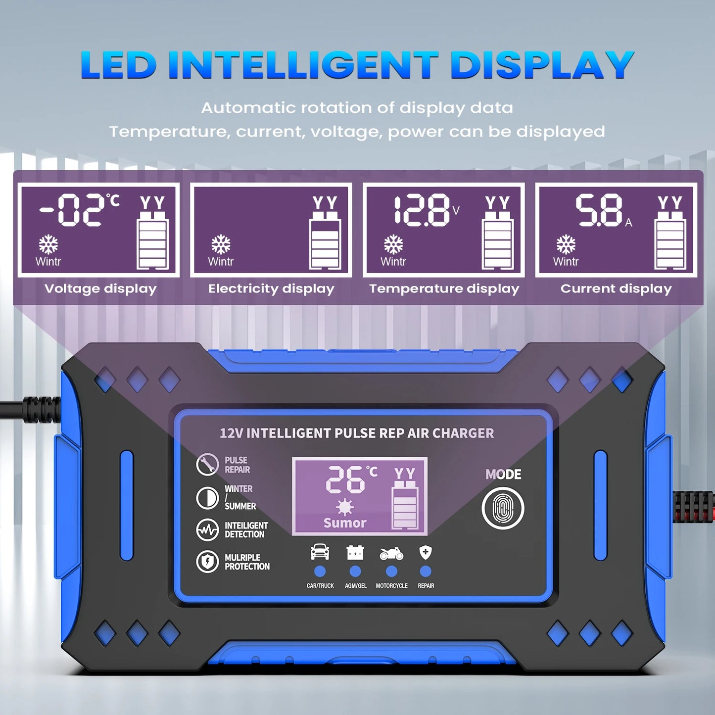 LCD Battery Charger with Repair Function for Lead-Acid Batteries