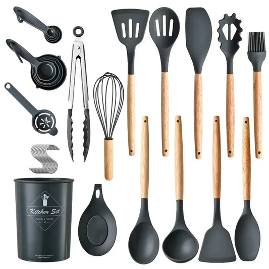 12Pcs Wooden Handle Silicone Kitchen Utensils Set